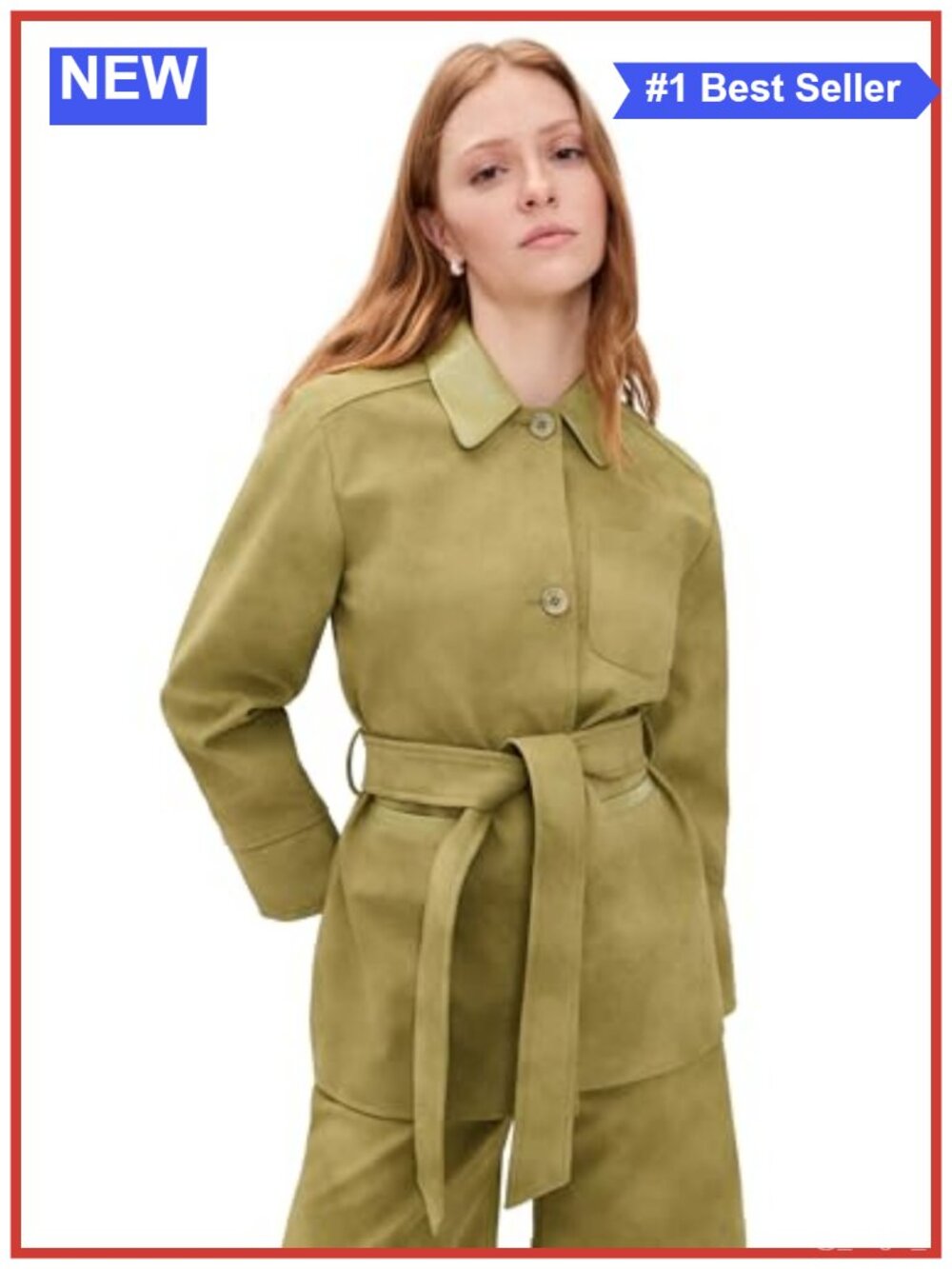 Faux Suede Belted Jacket Relaxed Fit Patent Collar Pocket Casual